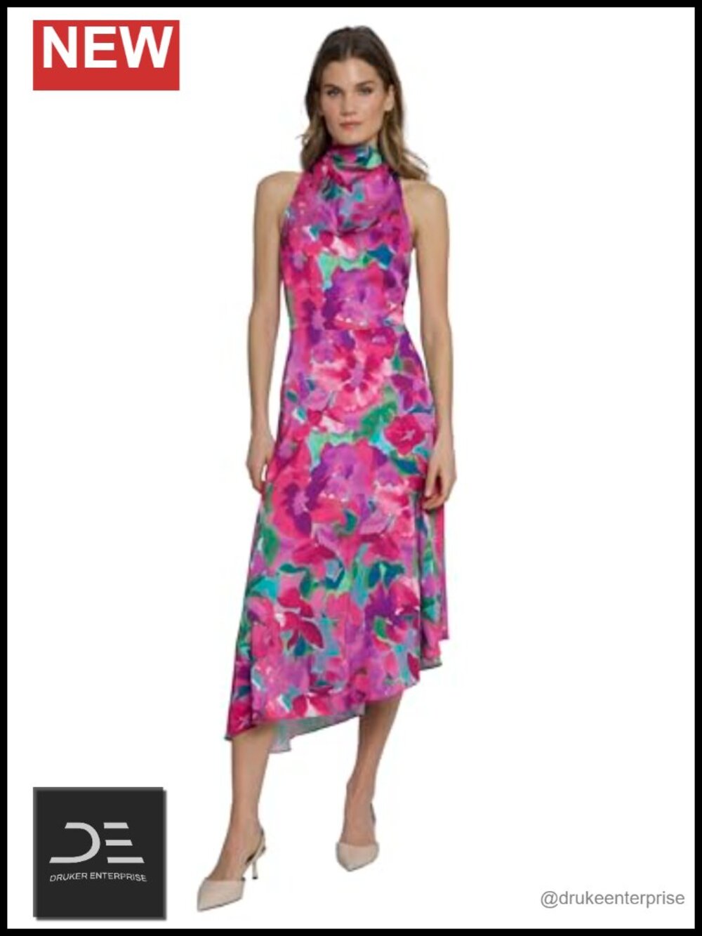 High Neck Halter Asymmetric Fit & Flare Midi Dress